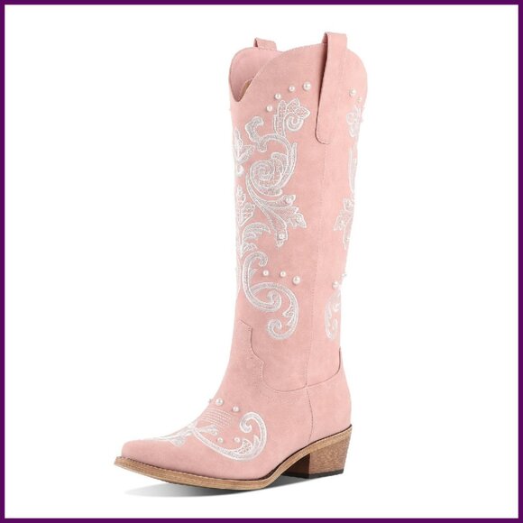 Knee High Cowboy Boots with Embroidered Bow Chunky Heel Pointed Toe